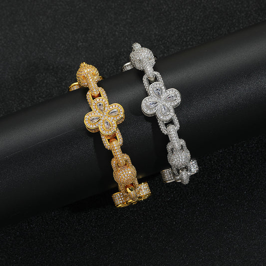 Hip Hop Four Leaf Clover Bubble Cubic Zirconia Bracelet for Men