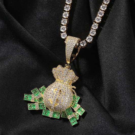 Iced Money Bag Pendant Necklace with Cuban Twist Chain for Women & Men - Gold or Silver Plated Cubic Zirconia Hip Hop Statement Jewelry