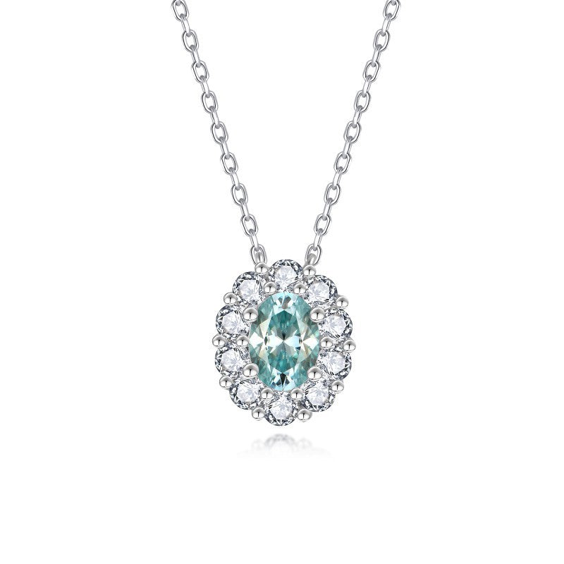Aqua Blue Moissanite Oval Halo Pendant Necklace for Women, S925 Silver, 18K Gold Plated product image