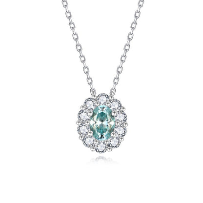 Aqua Blue Moissanite Oval Halo Pendant Necklace for Women, S925 Silver, 18K Gold Plated