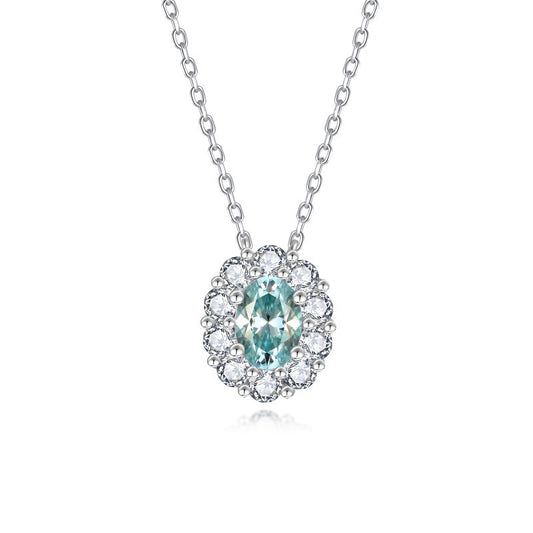 Aqua Blue Moissanite Oval Halo Pendant Necklace for Women, S925 Silver, 18K Gold Plated product image