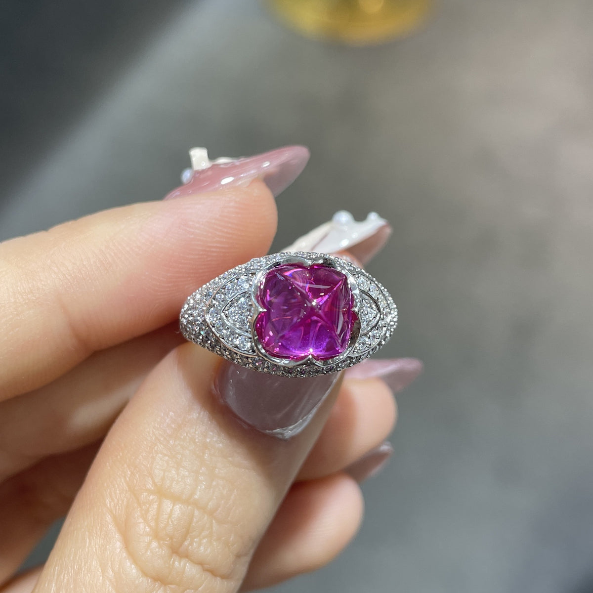 Lab-Grown Pink Sapphire Halo Ring, 925 Sterling Silver Cushion-Cut Ring product image