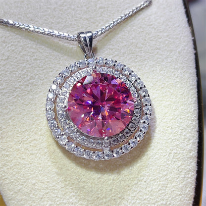 Pink Round Halo Moissanite Pendant Necklace with Double Circle Pavé Design