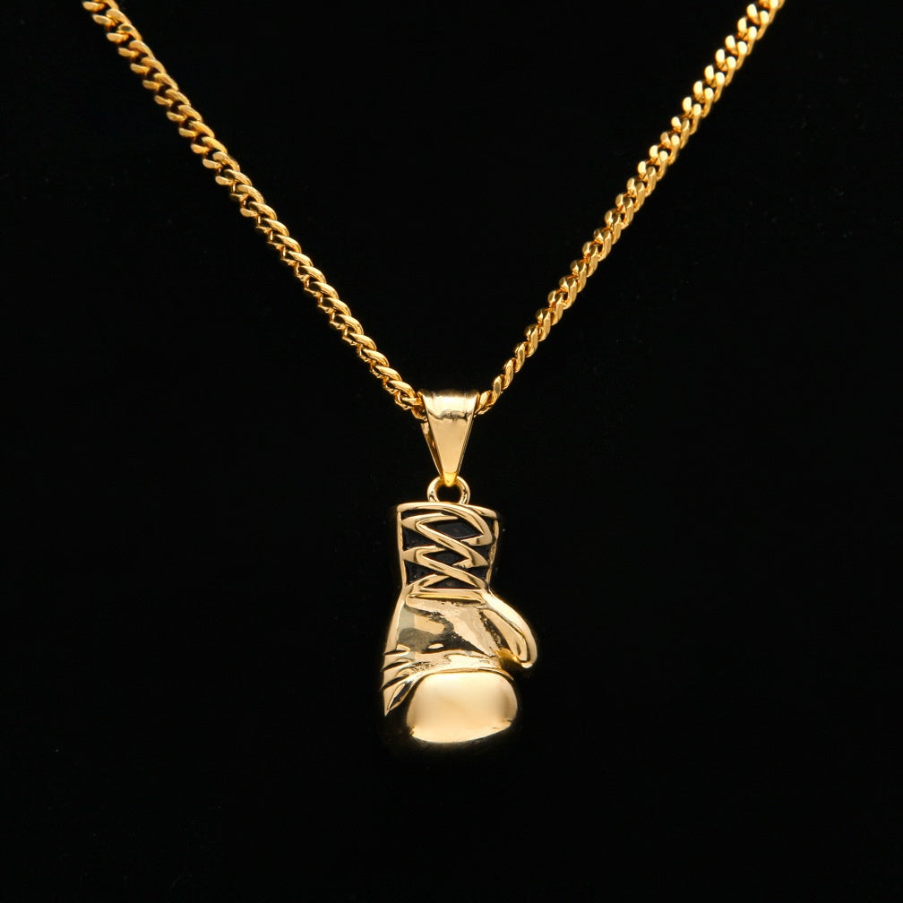 Gold Plated Stainless Steel Boxing Glove Pendant Necklace with 3mm Cuban Chain