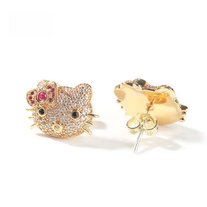 Cute Cartoon Cat Cubic Zirconia Stud Earrings for Women in Gold or Silver Tone