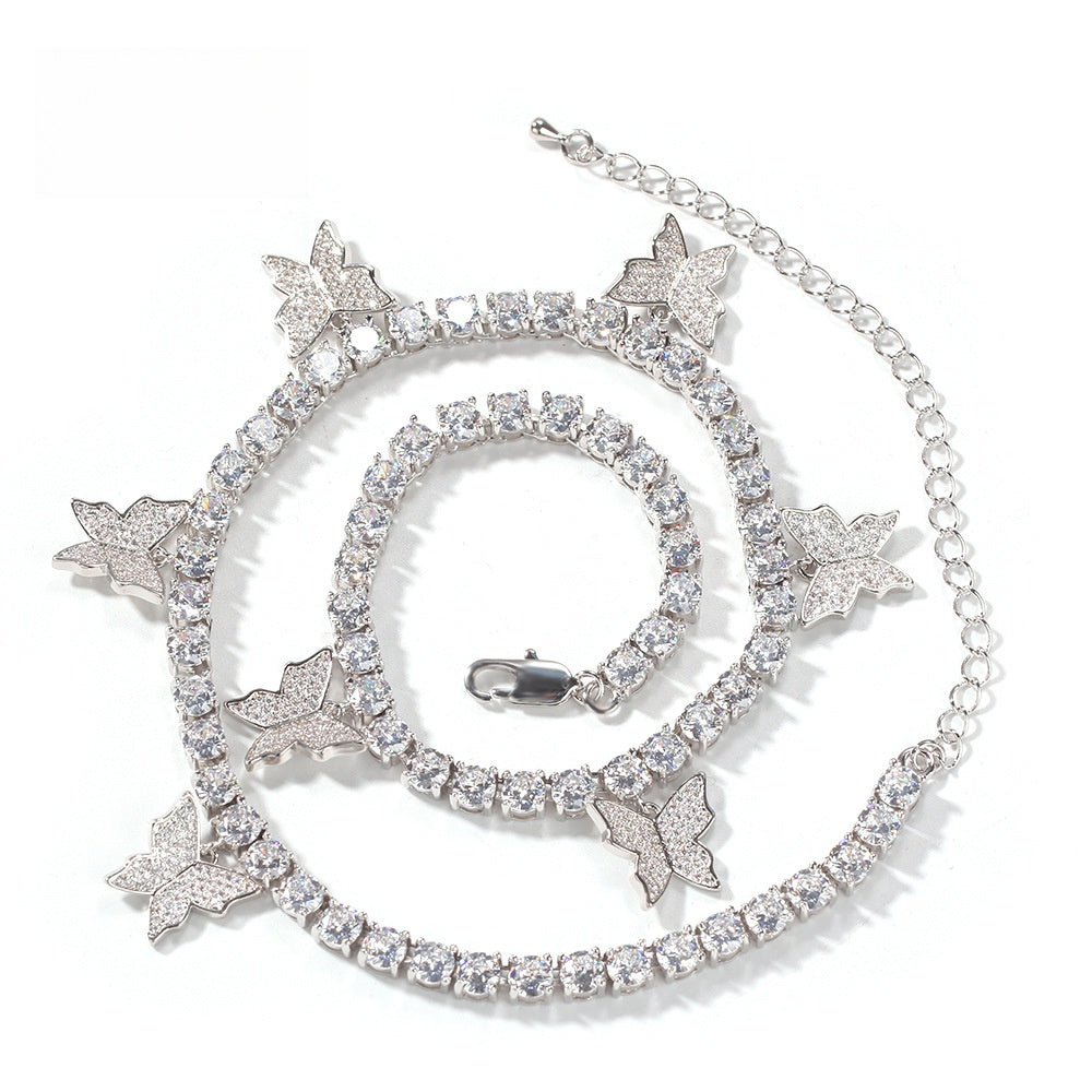 Butterfly Cubic Zirconia Tennis Chain Necklace for Women & Men – Silver, Pink or Gold Plated Statement Pendant Necklace