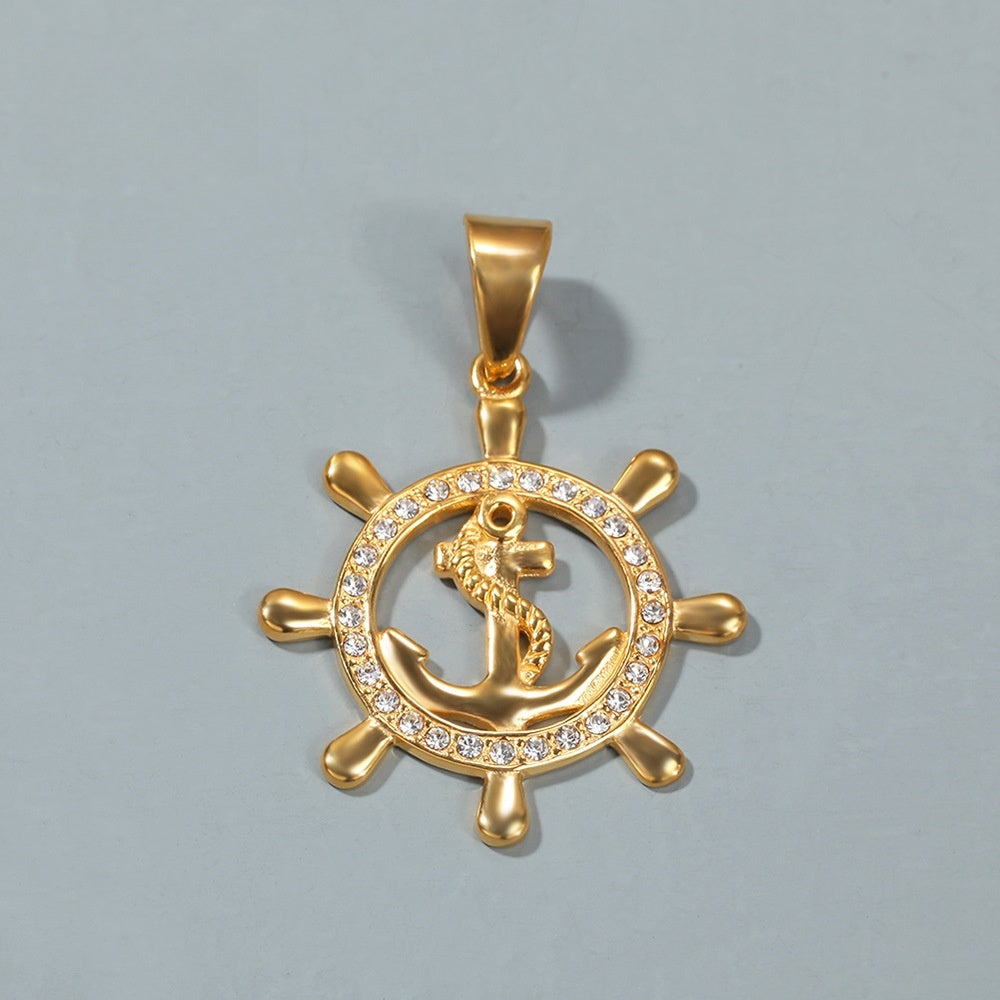 Gold Plated Nautical Ship Wheel Anchor Pendant Necklace with Cuban Chain, Stainless Steel Hip Hop Statement Jewelry