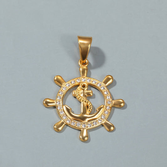 Gold Plated Nautical Ship Wheel Anchor Pendant Necklace with Cuban Chain, Stainless Steel Hip Hop Statement Jewelry