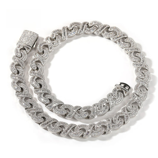Infinity Link Cuban Chain Necklace & Bracelet with Cubic Zirconia - Unisex Statement Pendant Chain in Gold Plated or Silver Plated