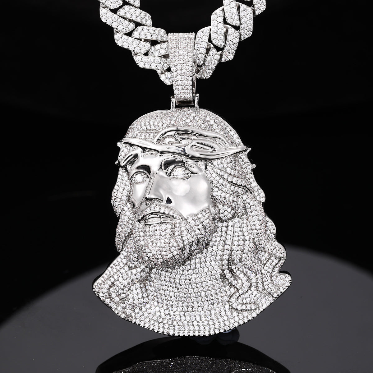 Iced Out Jesus Face Pendant Necklace with Cuban Link Chain, Silver Tone Cubic Zirconia Hip Hop Jewelry product image