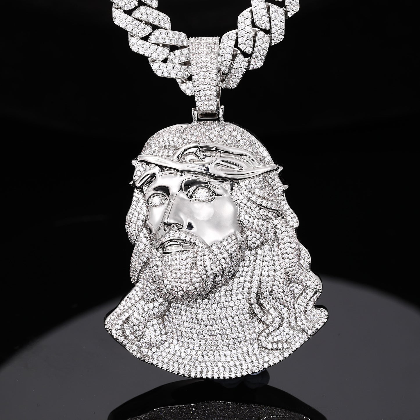 Iced Out Jesus Face Pendant Necklace with Cuban Link Chain, Silver Tone Cubic Zirconia Hip Hop Jewelry product image