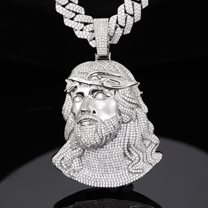 Iced Out Jesus Face Pendant Necklace with Cuban Link Chain, Silver Tone Cubic Zirconia Hip Hop Jewelry