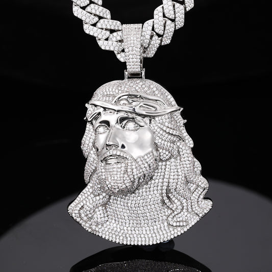 Iced Out Jesus Face Pendant Necklace with Cuban Link Chain, Silver Tone Cubic Zirconia Hip Hop Jewelry product image