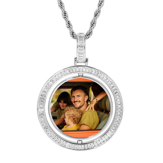 Iced Out Round Photo Pendant Necklace with Cubic Zirconia Rope Chain for Women and Men product image