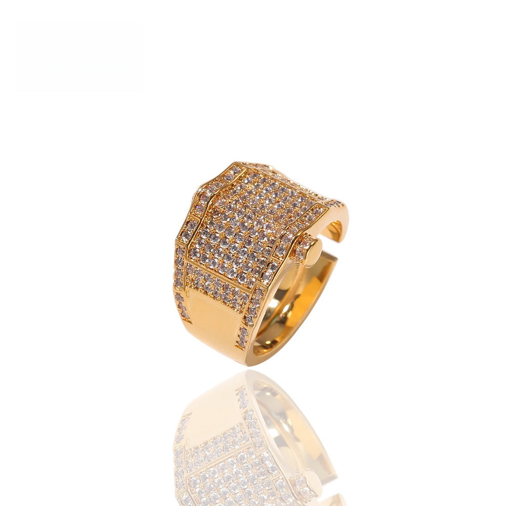 Unisex Hip Hop Gold Plated Statement Ring with Crystal Pave - Trendy Stackable Band for Women and Men