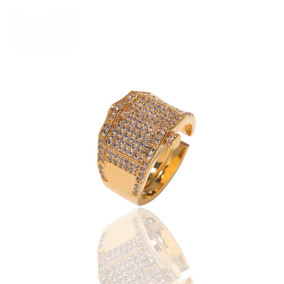 Unisex Hip Hop Gold Plated Statement Ring with Crystal Pave - Trendy Stackable Band for Women and Men