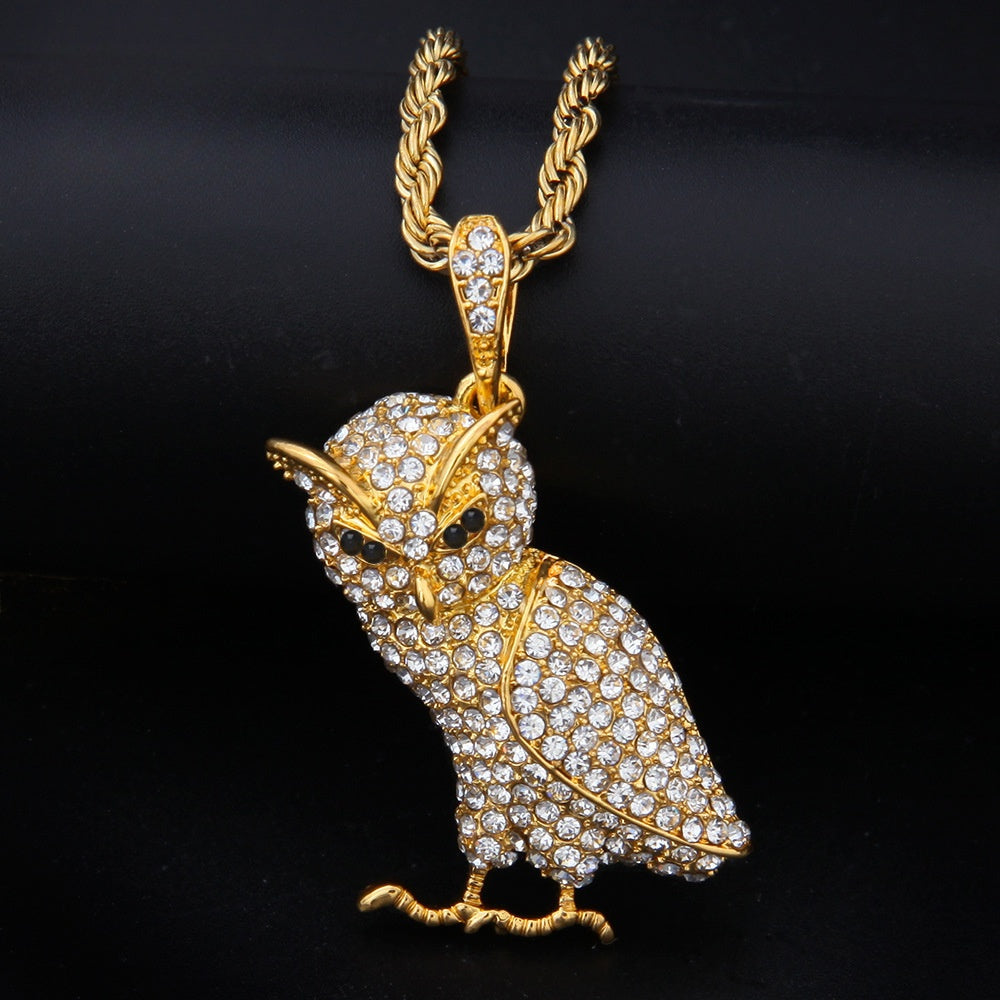 Gold Plated Crystal Owl Pendant Necklace with Stainless Steel Rope Chain for Women