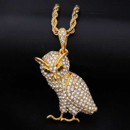 Gold Plated Crystal Owl Pendant Necklace with Stainless Steel Rope Chain for Women
