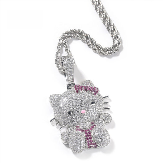 Cute Cat Pendant Necklace for Women with Crystal Detail, Silver Plated or Gold Plated 24 Inch Twisted Chain