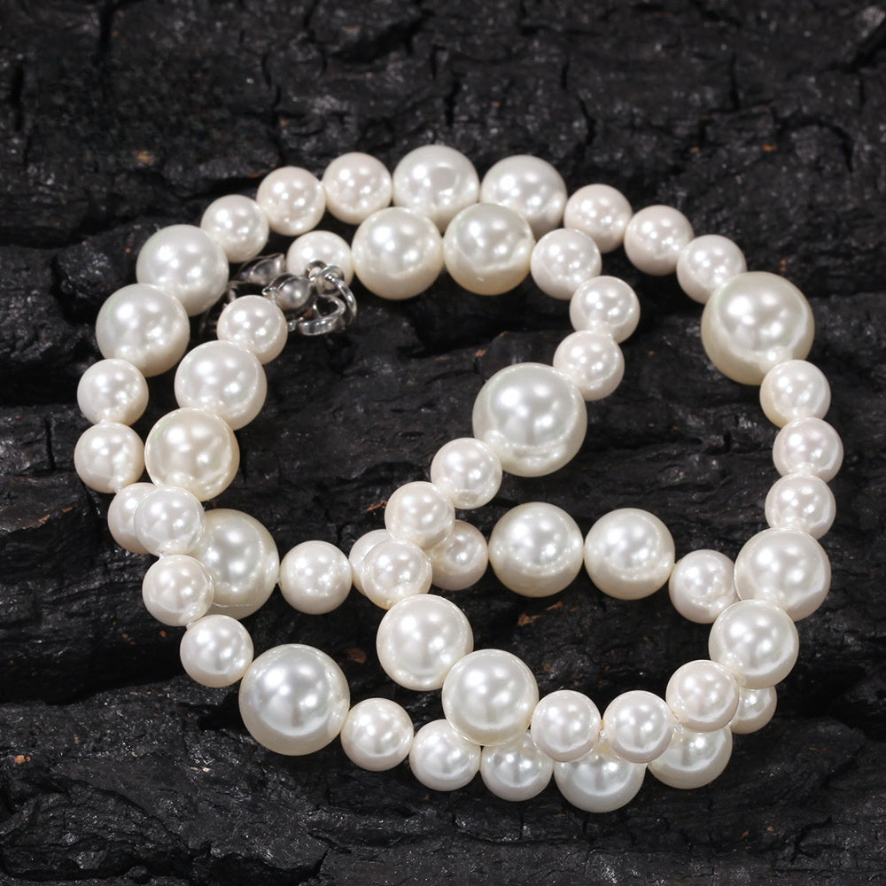 Unisex Round Pearl Necklace Pendant Chain - Trendy Layered Look Mixed-Size Pearl Statement Necklace product image