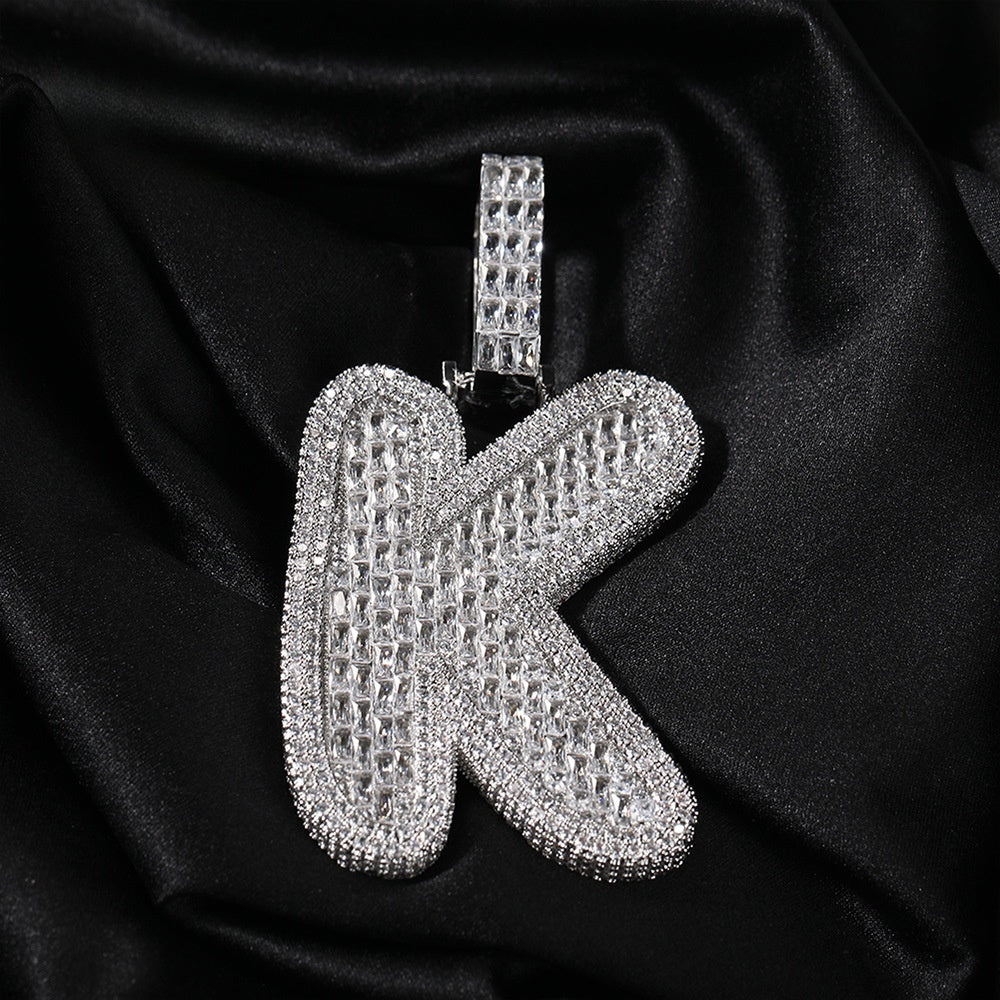 Iced Out Letter K Pendant Necklace for Women Men - Silver or Gold Plated Cubic Zirconia Initial Chain, 24 Inch Twist Chain