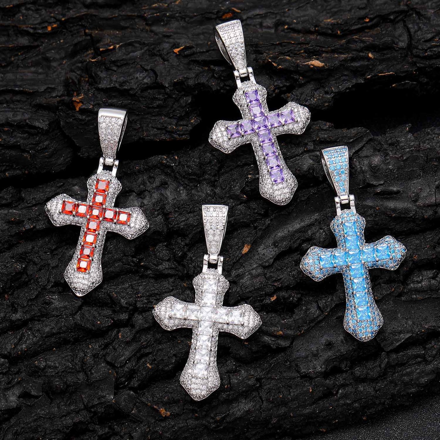 Hip Hop Light Luxury Cross Square Cubic Zirconia Pendant Necklace for Men and Women