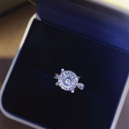Round Cut Moissanite Ring with Side Accents, 1 Carat 2 Carat 3 Carat, U-Shape Geometric Ring for Women