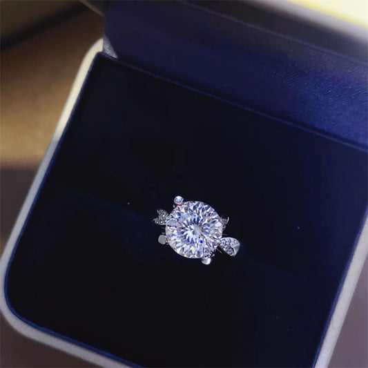 Round Cut Moissanite Ring with Side Accents, 1 Carat 2 Carat 3 Carat, U-Shape Geometric Ring for Women