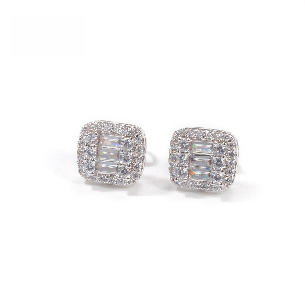 Minimalist Square Cubic Zirconia Stud Earrings for Women & Men in Gold or Silver Tone