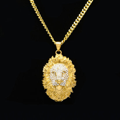 Gold Stainless Steel Lion Head Pendant Necklace with cubic zirconia Cuban Chain