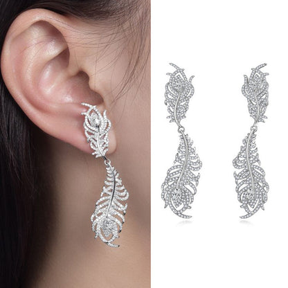 Feather Moissanite Drop Earrings for Women, S925 Silver 18K Gold Plated Ear Studs
