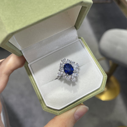 Oval Blue Sapphire Halo Ring for Women, Sterling Silver Look Statement Ring, Promise Ring, Gift Ring