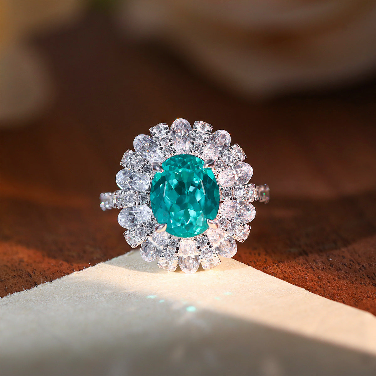 5 Carat Oval Teal Halo Ring for Women, S925 Silver, 18K Gold Plated product image