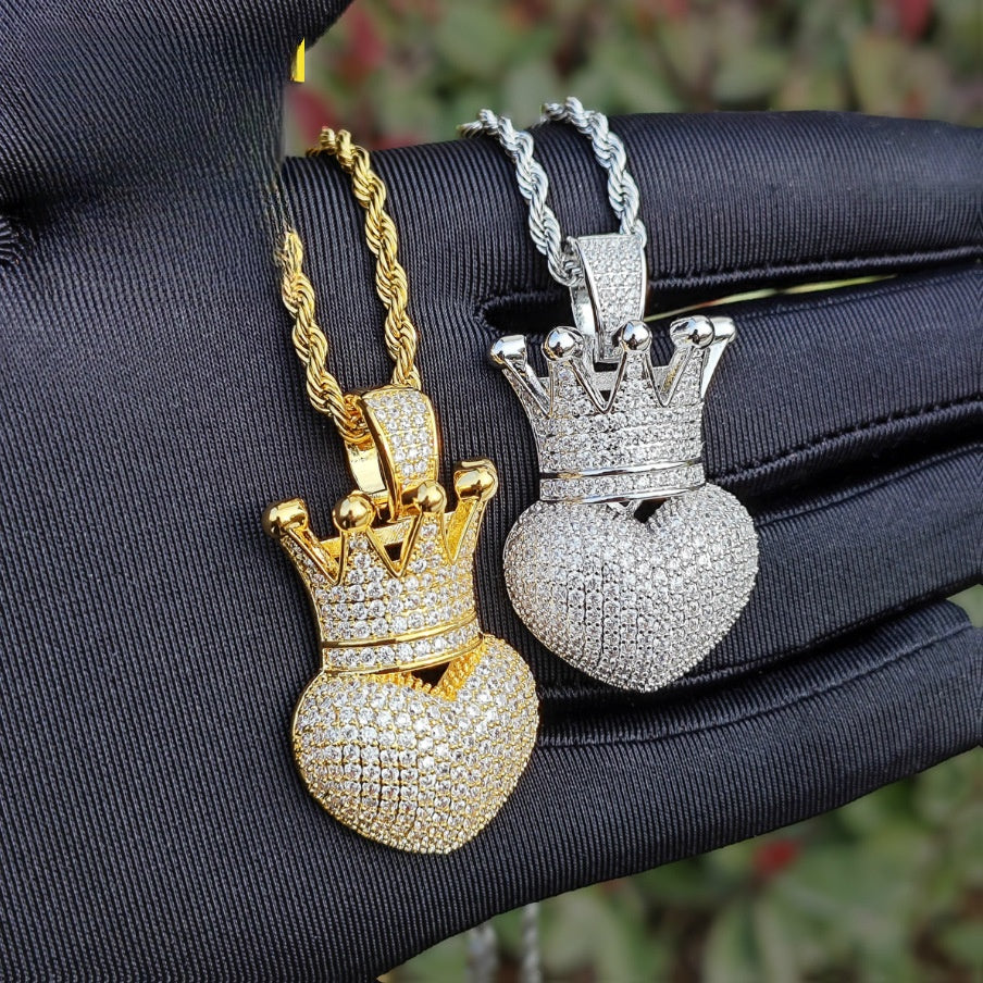Unisex Iced Crown Heart Pendant Necklace