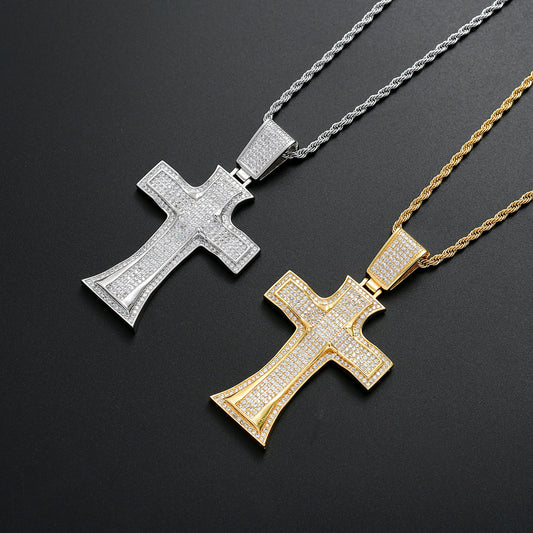 Hip Hop Vintage Cross Diamond Shape Cubic Zirconia Pendant Necklace for Men and Women