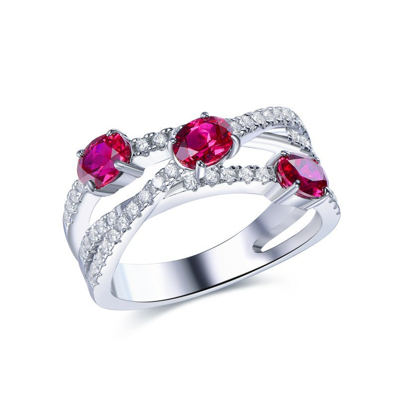 S925 Red Ruby Crossover Geometric Ring for Women product image