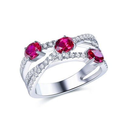 S925 Red Ruby Crossover Geometric Ring for Women