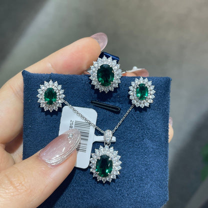 Emerald Green Oval Jewelry Set for Women, Halo Ring Earrings Necklace
