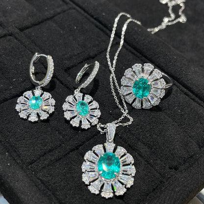 Teal Flower Jewelry Set, Matching Earrings, Ring and Pendant Necklace