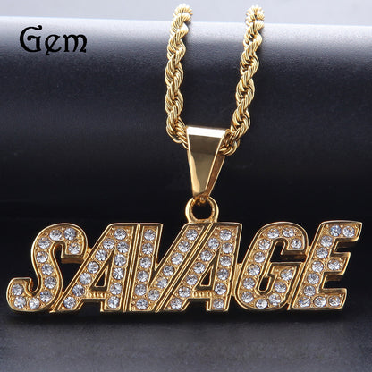 Gold-tone iced SAVAGE word pendant