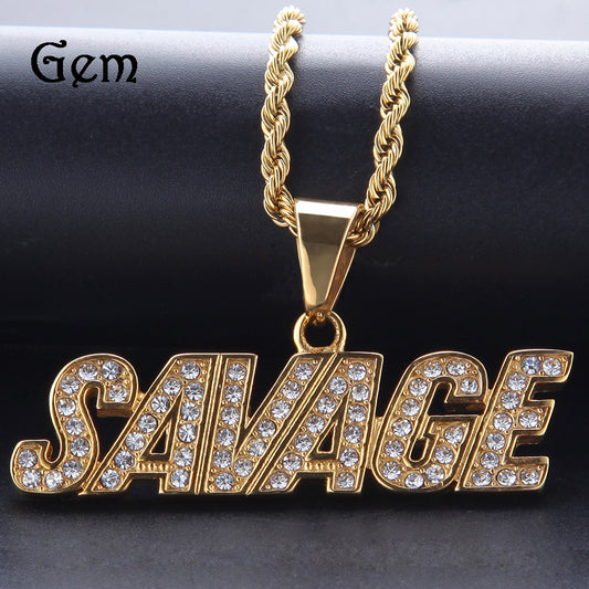 Gold Plated Stainless Steel Savage Letter Pendant Necklace with Crystal Iced Rope Chain for Women & Men