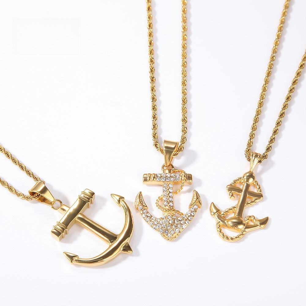 Unisex Stainless Steel Anchor Pendant Necklace with Cuban Chain, Gold Plated Hip Hop Statement Chain product image