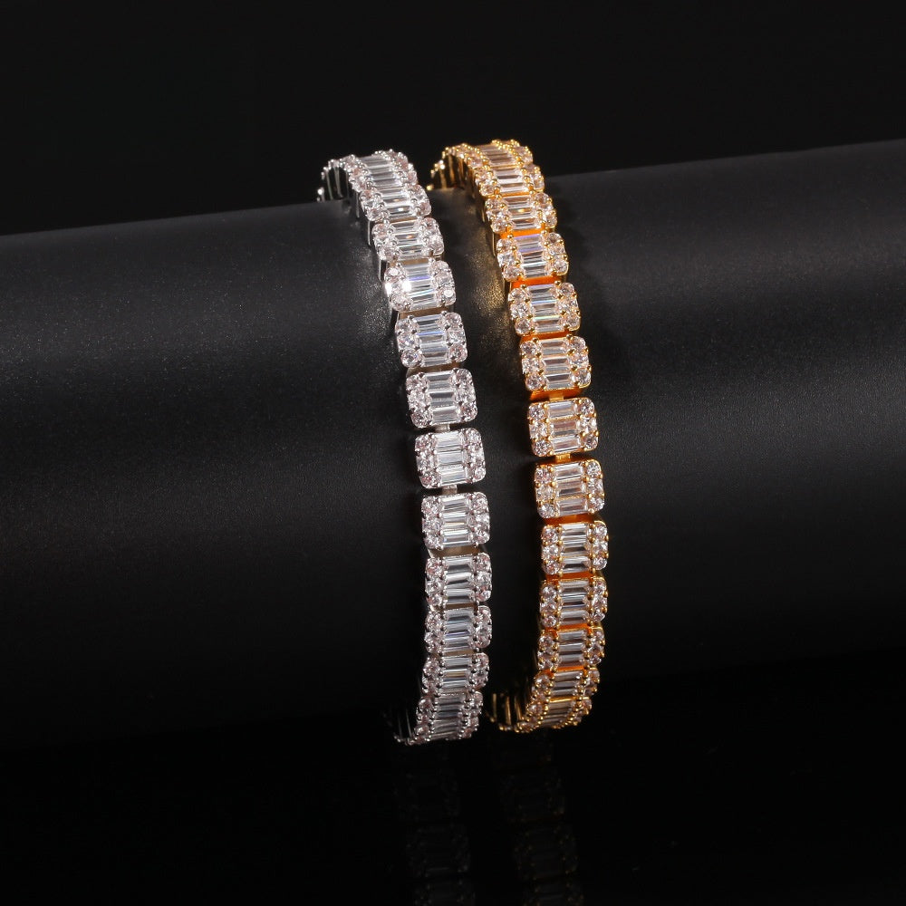 Men’s Iced Out Baguette Cut Bracelet - Gold or Silver Tone Copper Chain Bracelet, 7 Inch / 8 Inch