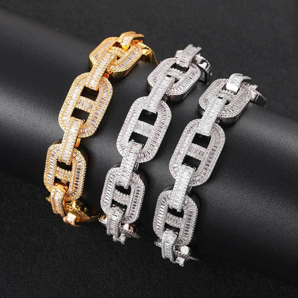15 mm Baguette CZ Mariner Link Hip Hop Bracelet with Copper Base - CHA039 product image