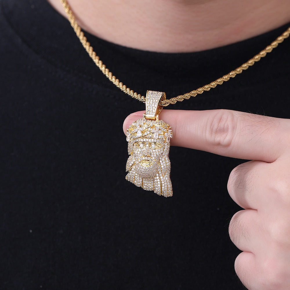 Hip Hop Crown Portrait Pendant Necklace with Twisted Rope Chain, Pave CZ Cartoon Face Jewelry, White-Tone or Gold-Tone product image