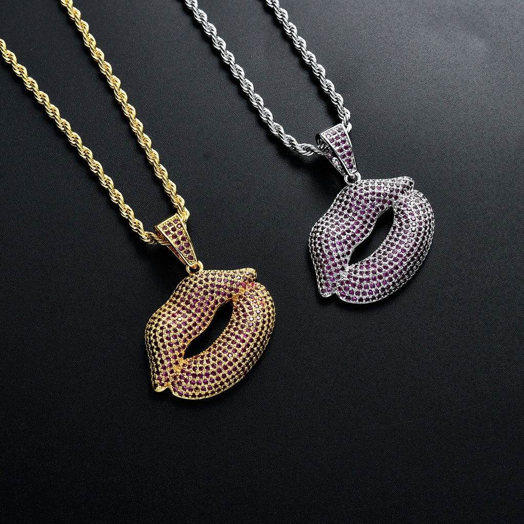 Hip Hop Lip Cubic Zirconia Pendant Necklace for Men and Women