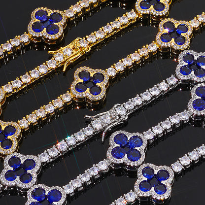 Blue Clover CZ Tennis Hip Hop Necklace or Bracelet with Copper Base - CHA362
