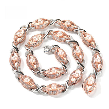 Men’s Iced Two-Tone Cuban Link Necklace & Bracelet Set with Pearl Detail and Rhinestone Paved Copper Finish