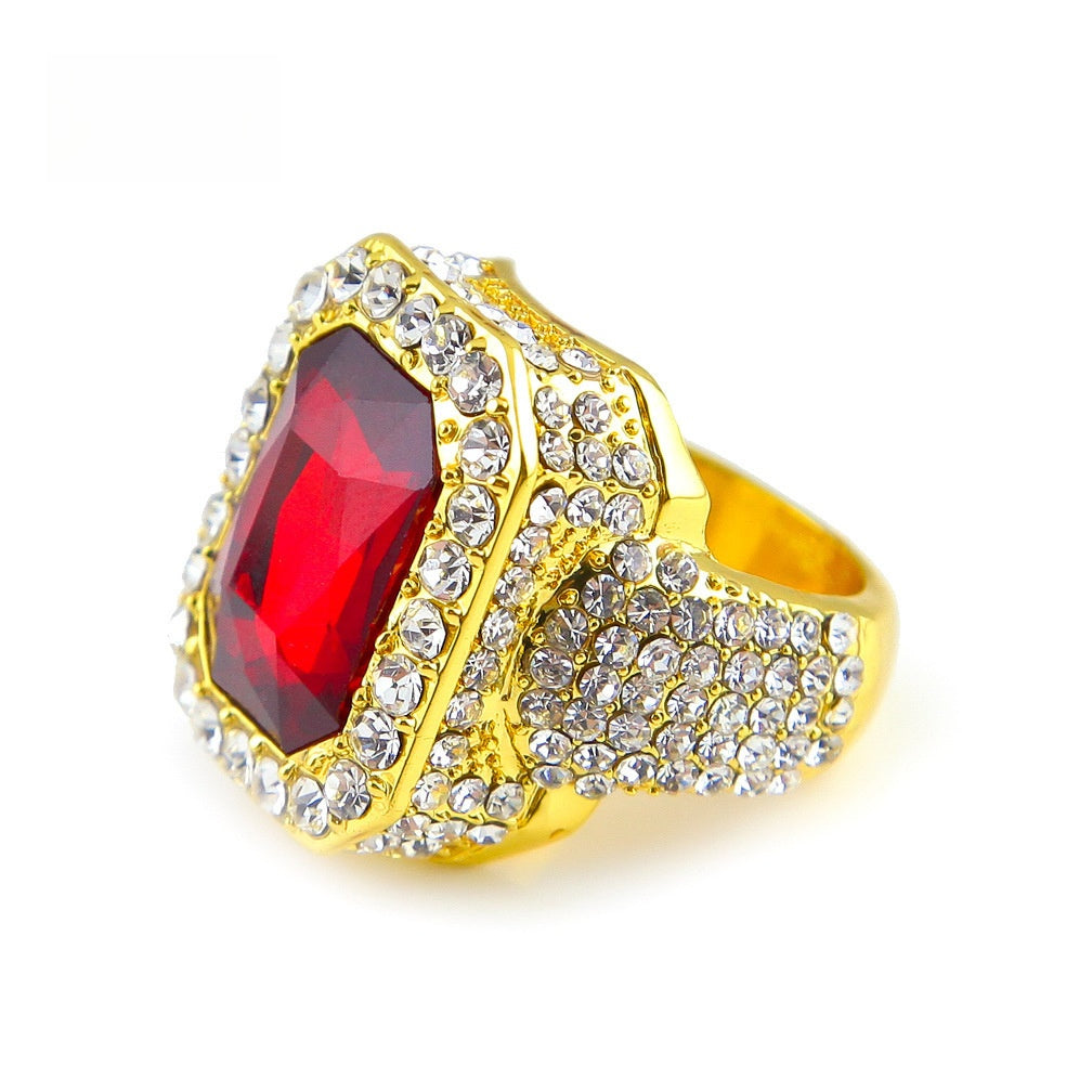 Unisex Hip Hop Square Gem Statement Ring with Crystal Pave - Gold or Silver Plated Ruby, Sapphire, Emerald, Black Stone Ring