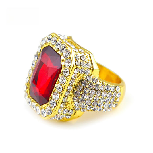 Unisex Hip Hop Square Gem Statement Ring with Crystal Pave - Gold or Silver Plated Ruby, Sapphire, Emerald, Black Stone Ring